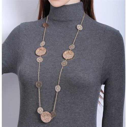 Luxury Gold Long Necklace Round Hollow 3D Crystal Pendant Maxi Necklaces for Women Statement Jewelry 2018 Fashion Sweater Bijoux