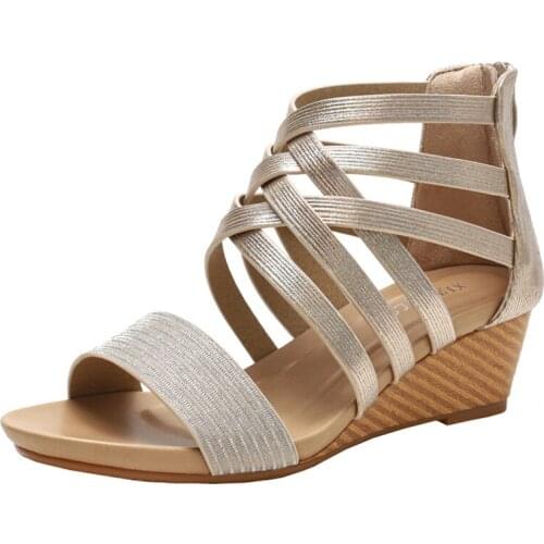 Wedge Roman Sandals for womens new retro open-toe rear zip-up round toe shoes for holiday travel comfort