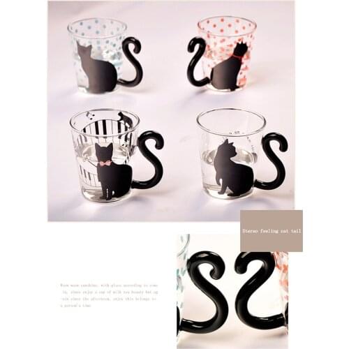 Cute Creative Cat Kitty Glass Mug Cup Tea Cup Heat-resistant milk coffee cups Music/Dots/English Words Home Office Cup