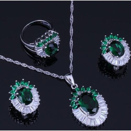 Glowing Flower Green Cubic Zirconia White CZ Silver Plated Jewelry Sets Earrings Pendant Chain Ring V1004