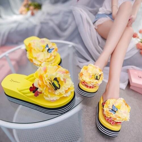 Comemore 2021 Women Sandals Flowers Slippers Summer Flip Flops Dames Wedge Heel Thick Beach Slippers Womans Platform Women Shoes
