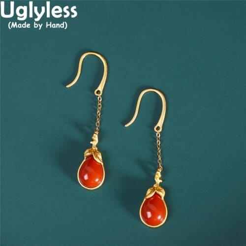 Uglyless Eggplants Natural Agate Earrings for Women Gold Leaves 925 Silver Fashion Jewelry Gemstones Brincos Bijoux Gemstones
