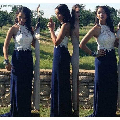 Halter Navy Blue Black Girls Evening Dress Cheap Lace Backless Formal Holidays Wear Graduation Party Gown Custom Made