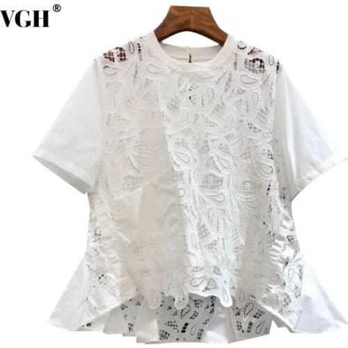 VGH White Patchwork Lace T Shirt For Women O Neck Short Sleeve Irregular Hem Casual T Shirts Female 2021 Summer Fashion Clothing