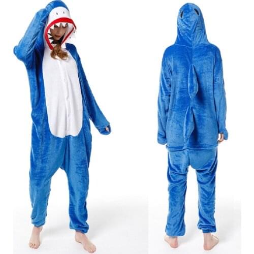 Women Winter Flannel Onesies Sleepwear Shark Animal Hooded Pajamas Adults Unisex One-Piece Home Wear Halloween Cosplay Costume