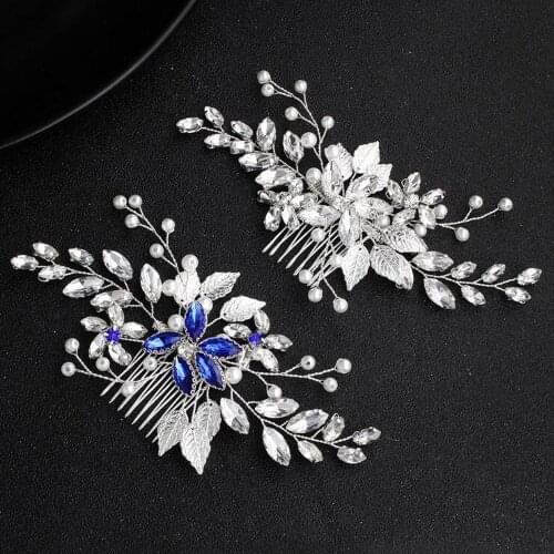 Leaf Hair Combs Silver Blue Crystal Rhinestones Wedding Hair Accessories Pearl Women Bridal Hair Jewelry Tiara Ornament