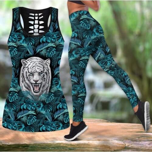 Beautiful Tiger 3D All Over Printed Hollow Tank Top & Leggings Set Fitness Female Full Length Leggings Running Pants DDK62