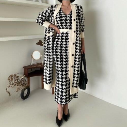 Korean Chic Women Winer Knitted Set Plaid V Neck Knit Long Sweater Cardigan Coat + Lace UP Houndstooth Vest Dress Two Piece Set