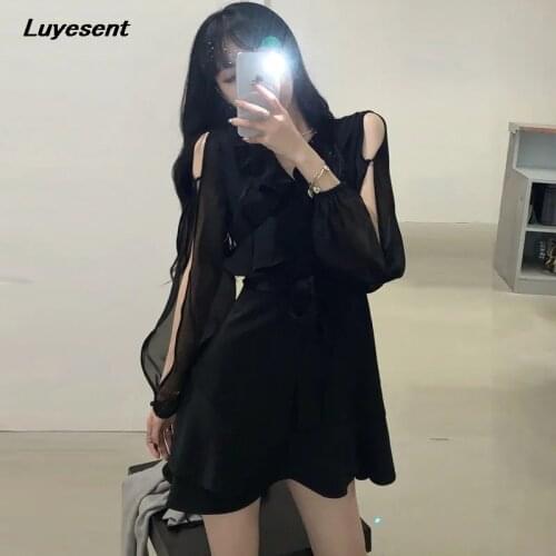 Women Sexy Lantern Long Sleeve Mini Dress 2021 Lady Elegant Belt Cross V Neck Ruffles Black White Dresses Party Harajuku Wear