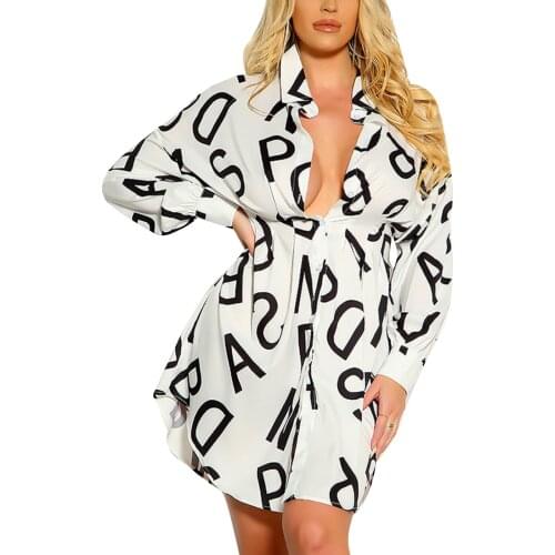 2021 New Women Irregular Hem Midi Dress Letter Print Long Sleeve Lapel Neck High Waist Dress
