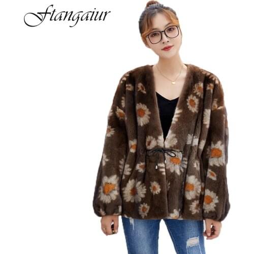 Ftangaiur 2021 Winter Import Velvet Mink Fur Coat Women Full Sleeve Short V-Neck Print Flower Slim Natural Real Mink Fur Coats
