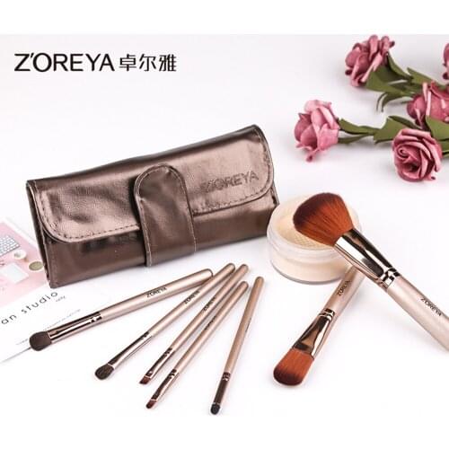 Zoreya zhuo er ya 7 Champagne Color Artificial Fiber Portable Suction Clasp Bag Makeup Brush Set ZS741