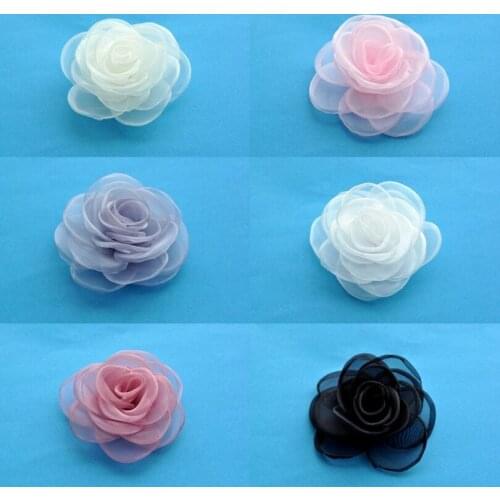 120pcs/lot 4.3" 6colors Hair Clip Gauze Layered Flower For Kids Girls Hair Accessories Handmade Rose Fabric Flowers For Headband