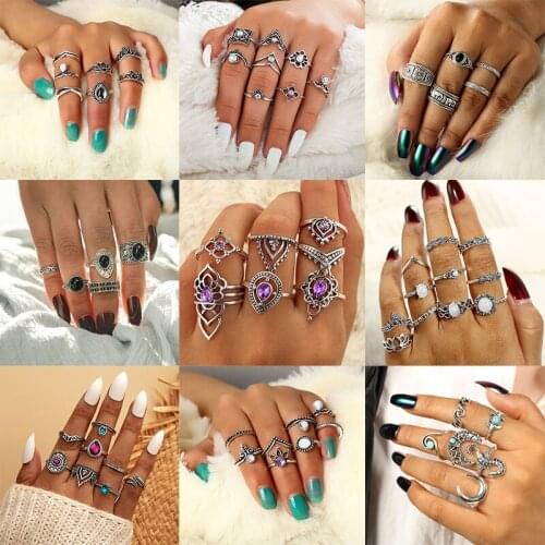 28Style Retro Antique Silver Color Crystal Water Drop Crown Seahorse Star Moon Heart Ring Glamour Fashion Set Women Jewelry