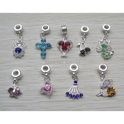 Free shipping 50pcs mix style & color silver plated alloy beads with crystal rhinestone pendant fit European bracelet necklace
