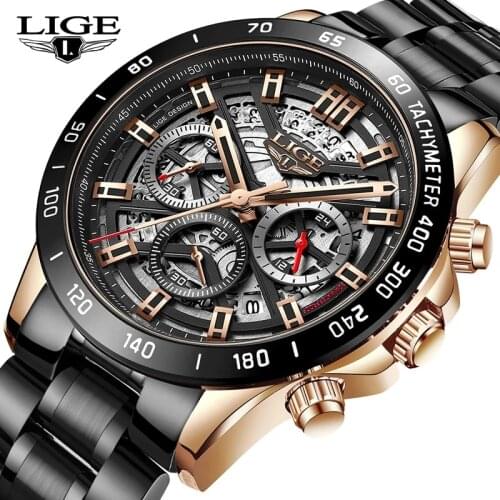 2021 New LIGE Top Brand Luxury Mens Watches Stainless Steel Hollow Quartz Wrist Watch For Men Fashion Waterproof Chronograph+Box