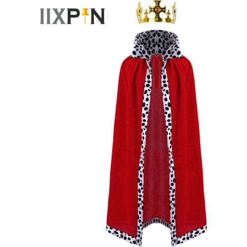 Children King Costume Red Leopard Cloak Cape with Crown Outfit Set for Kids Halloween Prince Cosplay Party Outfit Accessories Se