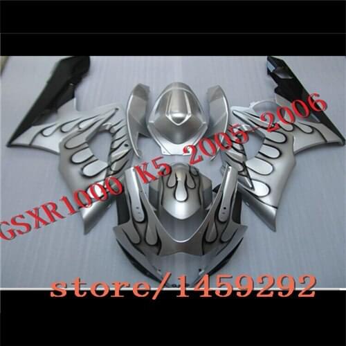 For A GSXR 1000 K5 2005 2006 ABS Fairing Kits GSXR1000 K5 05 06 - Silver white Flame - Black BBF