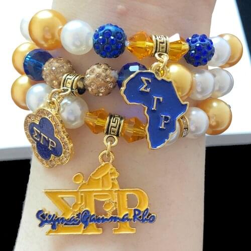 Elastic Handmade Yellow Blue White Pearl Drill Ball SGR Map Symbols Greek Letter Bracelets Sorority Club Jewelry