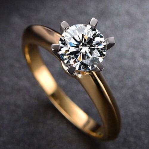 Have 925 Sterling Silver Stamp Original Yellow Gold Ring 8mm Solitaire Cubic Zircon Stone Wedding Rings for Women With Ring Box