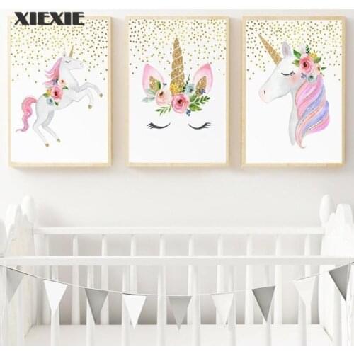 Nordic Cartoon Unicorn Canvas Paintings Nursery Flowers Heart Poster and Print Wall Art Pictures Kids Bedroom Home Decor