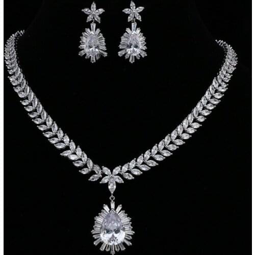 Ekopdee Retro High Quality Pear Cut Cubic Zirconia Earring Necklace Set Women Wedding Jewelry Female Valentines Anniversary Gift