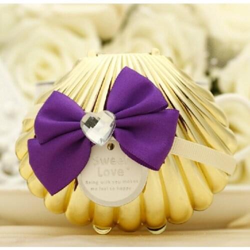 Creative Golden Shell Candy Box with Purple bow-knot Wedding Gift Wrap Party Supplies 12pcs/lot SH432