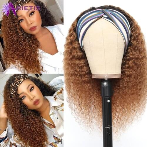 Curly Headband Wig Human Hair Wigs For Women Ombre T1b/30 Brazilian Scarf Wig No Gel Glueless Remy Curly Human Hair Wigs