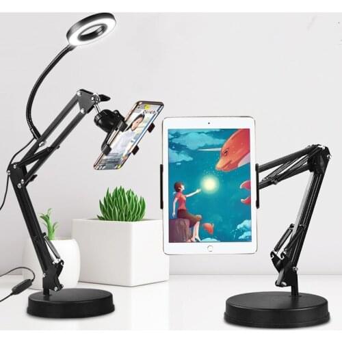 Mobile Phone Tablet Stand Holder 360 Degree Long Arm Lazy Bed Desk Tablet Mount Support For iPad Phone With LED Ring Light