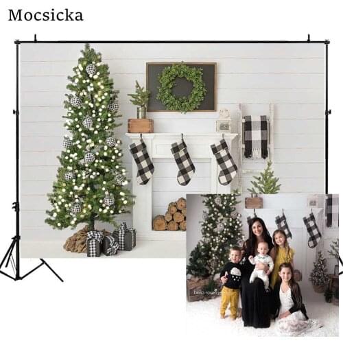 Mocsicka Christmas Backdrop White Wall Christmas Tree Fireplace Photo Background Family Portrait Photography Props Decoration