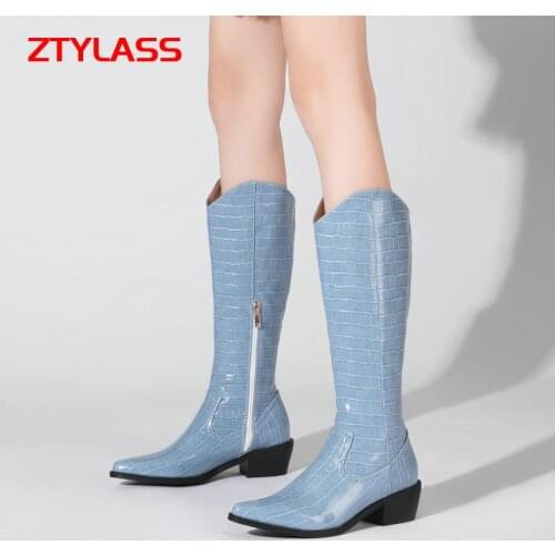 Fashion Spring Autumn Western Women Boots Boots Stone Pattern Pu Leather Wedges Chunky Heel Knee High Boots Winter Boots Shoes