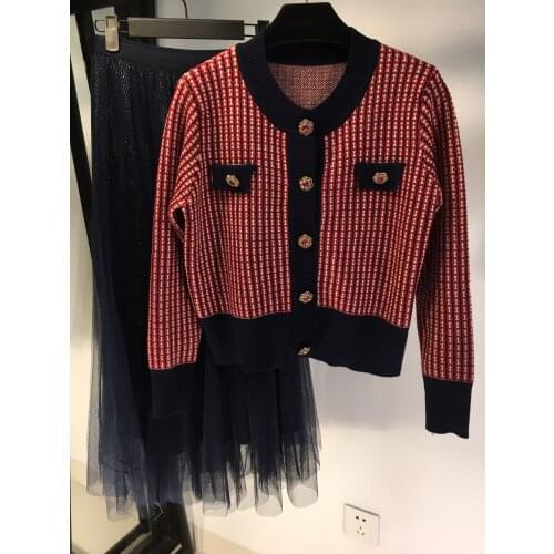 Fashion Ladies 2021 New Suit Knitted Top + Mesh Skirt 2-piece Set 0109