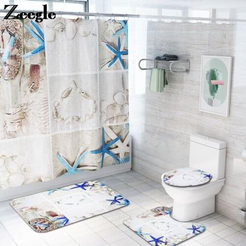 Starfish Bath Mat and Shower Curtain Set Microfiber Toilet Floor Mat Non-slip Absorbent Bathroom Mat Shower Foot Mat