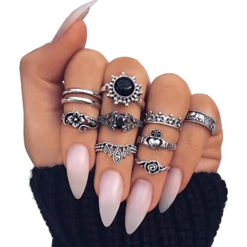 Vienkim 10 Pcs/Set Bohemia Rings Set Silver Color Elephant Rose Flower Heart Crown Carved Knuckle Rings for Women Jewelry Gift