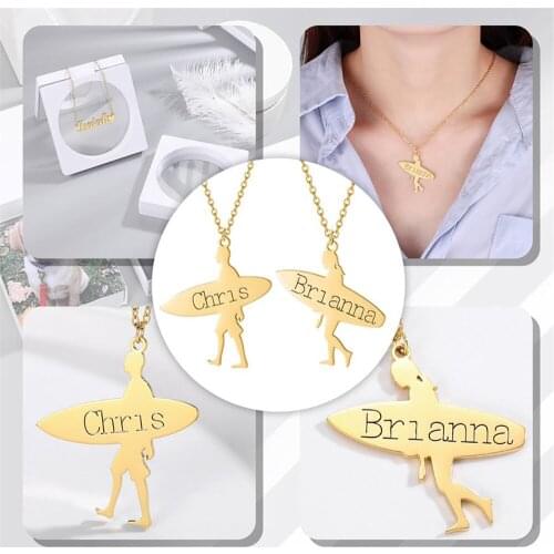 HUHUI Customized Name Necklace Summer Surf Gift For Women Men Unisex Personality Engraved Name Pendant Stainless Steel Jewelry