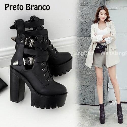 PRETO BRANCO New Super High Heels Ankle Boots Real Shot Spot Thick With Belt Buckle Ankle Boots Platform women JXQ-518-1