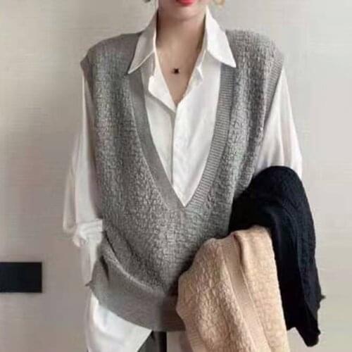 Autumn Winter New V-neck Pullover Sweater Vest Women Korean Office Lady Knitted Sweaters Women Loose Knit Vest Solid Top 15993