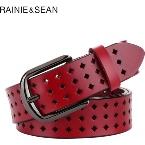 RAINIE SEAN Red Lady Belts Real Genuine Leather Women Belt Brand Female Strap Vintage Hollow Out Cowskin Waist Belt for Jeans