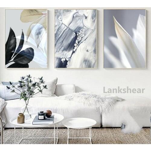 Grey Abstract Painting Scandinavian Marble Poster Black Leaf Print Botanical Canvas Print Wall Art Picture Living Room Decor
