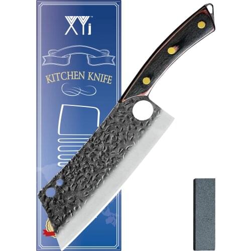 XYJ 7.5 inch full tang meat slicing knife pointed tip blade hammer finish finger hole japanese nakiri cleaver chopping knife
