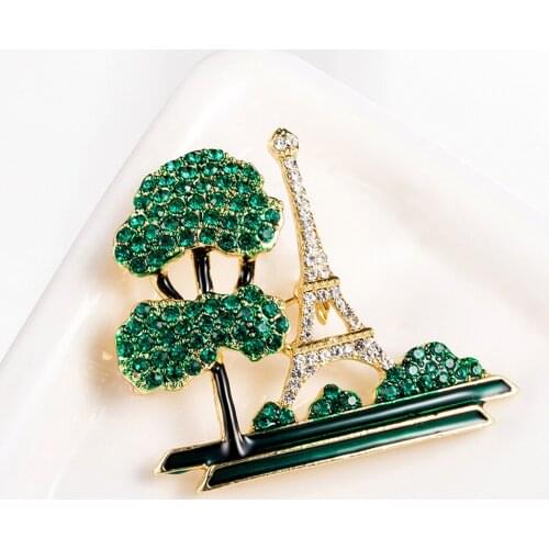 Trendy Enamel Eiffel Tower Building Tree Brooch Green Brooches for Women Enamel Brooch Pins Lapel Pin Clothing Scarf Badges