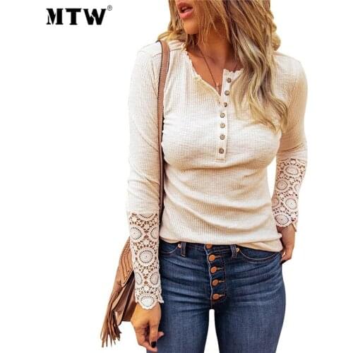 Women Spring White Tee Shirt Elegant Lace Hollow Out Office T-Shirts 2020 Casual Buttons O-Neck Long Sleeve Tops
