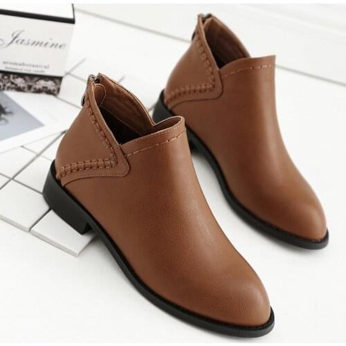 Women Pu Leather Ankle Boots Ladies Short Plush Sewing Pointed Toe Platform Short Boot Female Spring And Autumn High Quality Hot