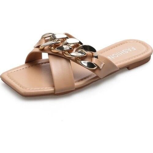 2021 Women Slippers Summer Fashion Decoration Chain Design Cross Upper Open Toe Flat Sandals Solid Color Outdoor Women Shoes