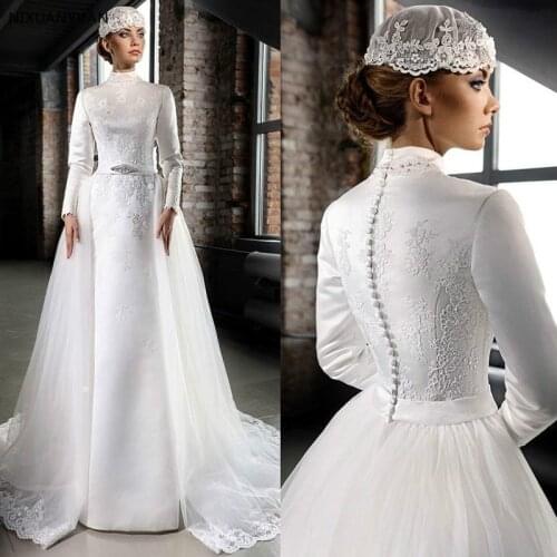 2021 New Muslim Wedding Dresses Long Sleeve High Neck Lace Appliques Satin Bride Gowns Mariage Vestido De Novia