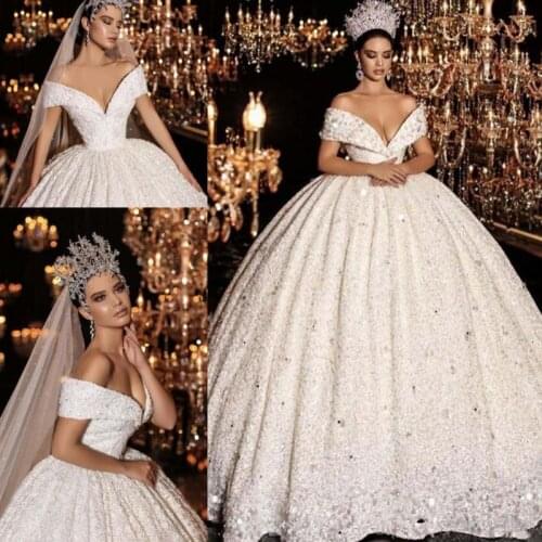 Princess Ball Gown Wedding Dresses Off the Shoulder Lace Beaded Ruched Skirt Dubai Bridal Gowns vestidos de novia 2020
