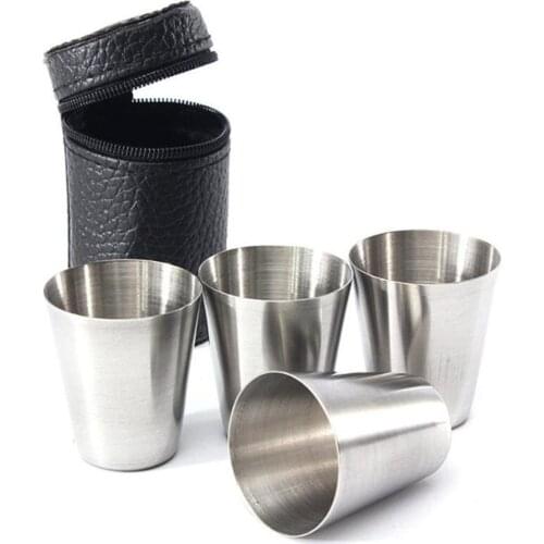 4 Pcs / Set Polished 30 Ml Mini Stainless Steel Shot Glass Cup Drinking Wine Glasses With Leather Cover Bag For Home Kitchen Bar