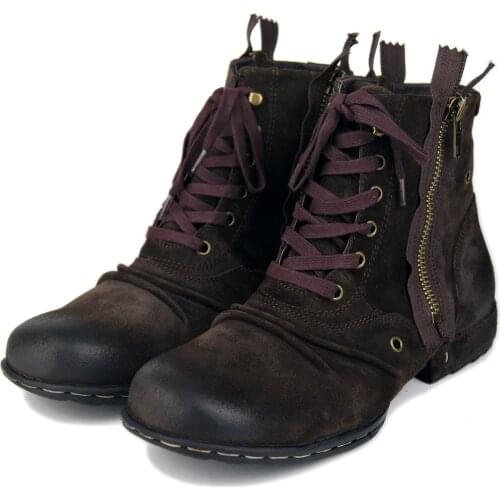 OTTO ZONE Mens Shoes Boots Genuine Suede Cow Leather High Top Zipper Ankle Boots Motorcycles Leather Brand Lace Up Winter Shoes