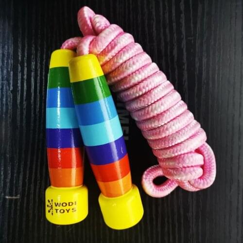 Kids wood jump skip skipping rope toy exercise play cartoon animal colorful rainbow wooden cotton cord