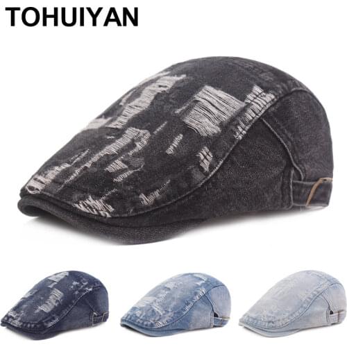 Top Level Washed Denim Newsboy Caps Men Vintage Ivy Hat Driver Boinas Beret Hats Autumn Winter Adjustable Flat Caps for Women